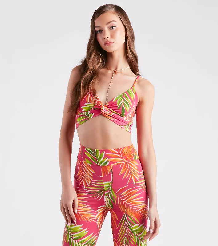 Fashion-forward crop top for women with bold colors and geometric patterns-Tropical Destination Twist Crop Top